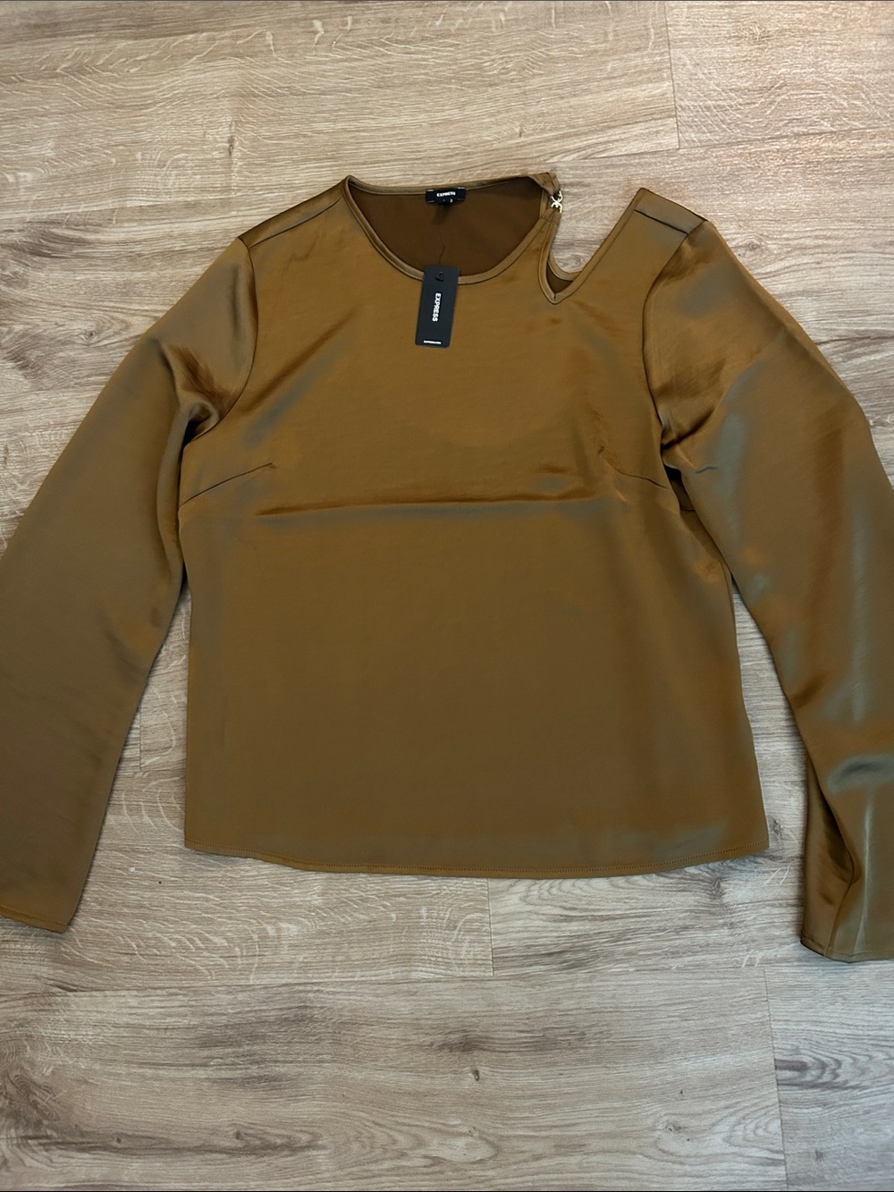 Express Brown Satin Long Sleeve Top with Shoulder Cutout